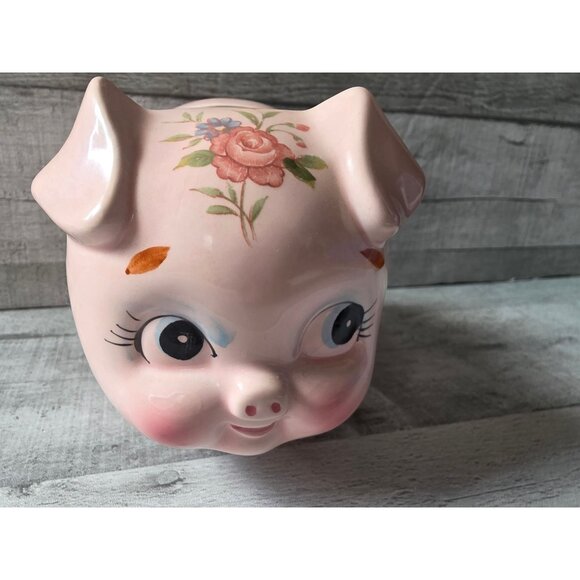Vintage Lefton Pink Ceramic Piggy Bank With Floral Design - Picture 6 of 10